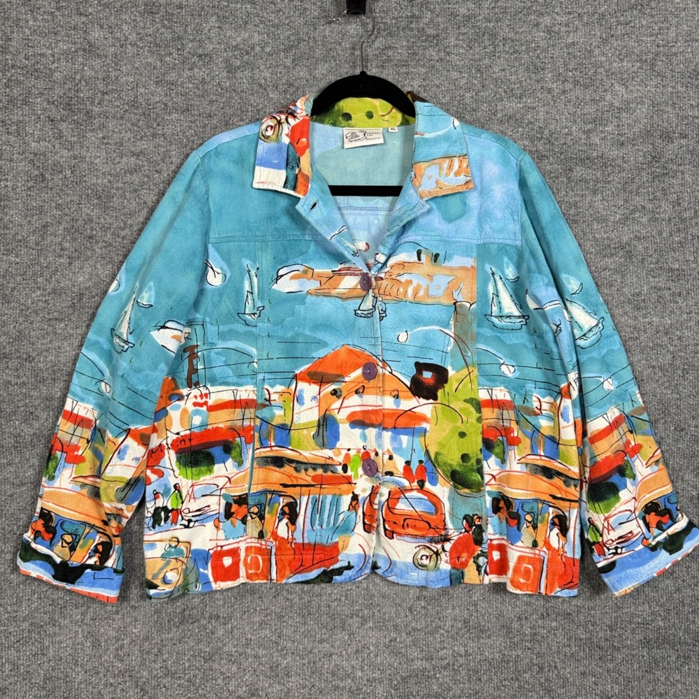 Michael Leu Womens Sz XL  Shirt Blue Graphics Print Coastal Hawaiian Art to Wear